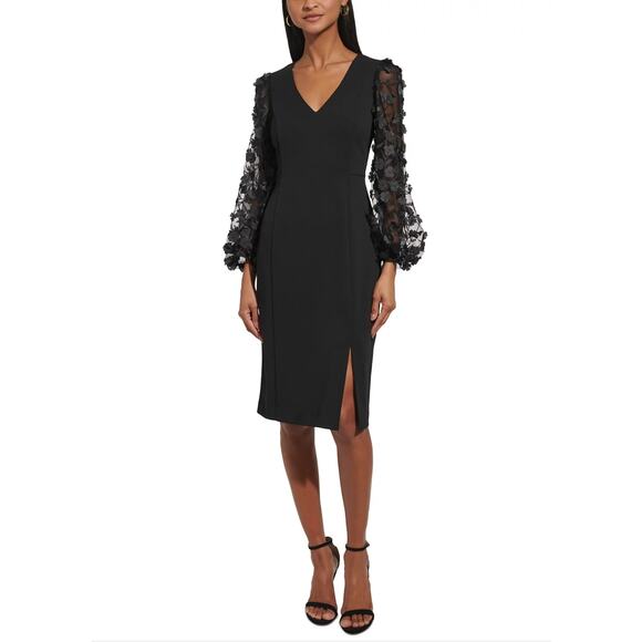 Eliza J Black Long Sleeve Cocktail Dress Size 6 Black 3D Floral Midi Sheath - Picture 12 of 14